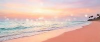 Serene tropical beach at sunrise with soft pink sand, gentle waves, and pastel sky creating a tranquil coastal landscape for travel and wellness content.