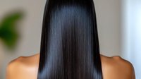 Straight dark glossy hair on tanned skin woman from behind showing healthy smooth hairstyle after keratin treatment or hair care procedure.