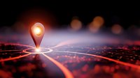 Glowing location pin marker on digital network map with connecting lines and bokeh lights representing GPS navigation and global connectivity technology.