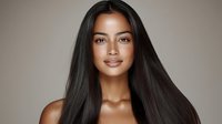 Young African American woman with long straight dark hair and natural makeup smiling confidently against neutral beige background, beauty and fashion portrait.