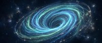 Spiral galaxy with glowing blue and green energy rings in deep space surrounded by stars and cosmic dust particles creating mystical astronomy backdrop.