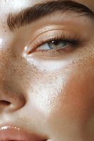 Close-up of glowing skin with natural freckles, dewy complexion, and bright green eye showing modern beauty trends and clean skincare aesthetic.
