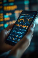 Stock market data displayed on smartphone screen with orange and blue trading charts, financial graphs and statistics shown in dark ambient lighting.