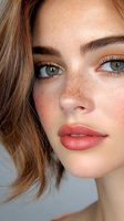 Close up portrait of young Caucasian woman with freckles, natural makeup, blue eyes and brown hair. Soft beauty shot showing flawless skin and coral lipstick on light background.