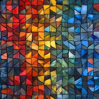 Abstract mosaic pattern featuring vibrant spectrum of colors from red through orange, yellow and blue, arranged in geometric fragments with stained glass effect.