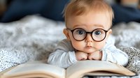 Toddler boy wearing eyeglasses lying on blanket reading open book, early childhood education and literacy development concept for parents and educators.