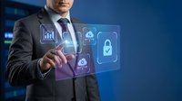 Businessman in suit touching virtual security interface with lock icon and access granted panel on dark blue background.