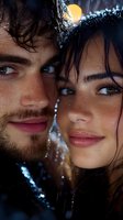 Close-up portrait of young couple with wet hair and water drops, intimate romantic moment captured in dramatic lighting with bokeh effect in background.
