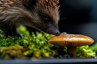 Small hedgehog discovering orange mushroom in mossy forest environment. Wildlife nature photography showcasing woodland creature foraging behavior in natural habitat.