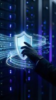 Cybersecurity concept with hacker hand reaching for glowing shield protection symbol in server room with binary code and digital security elements.