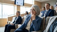 Mature Caucasian businesswoman with gray hair attending corporate conference or seminar in modern auditorium with diverse professional colleagues.