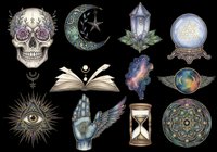 Mystical skull with purple roses, crescent moon, crystal tower, crystal ball, open spellbook, cosmic nebula, all-seeing eye, winged hand, hourglass, and mandala symbol isolated on transparent background. Ready for t-shirt design, stickers, clipart, sublimation, and print-on-demand products.