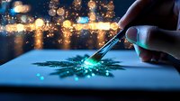 Magical snowflake drawing with glowing sparkles and bokeh lights. Hand holding luminescent pen creates enchanting winter artwork on digital tablet surface.