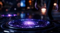 Futuristic holographic galaxy projection with purple spiral nebula and stars floating above digital display platform in dark sci-fi environment for technology concepts.