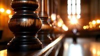 Dark wooden gavel handle in warm courtroom setting with blurred background lights creating professional legal atmosphere for justice concepts.