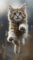 Playful ginger cat jumping with outstretched paws and focused expression against blurred background, long-haired feline in mid-air motion capture.