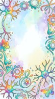 Colorful mechanical gears, chains, and organic branch elements frame a soft watercolor gradient background in pastel hues. Isolated design with central white space, perfect for posters, invitations, and social media graphics.