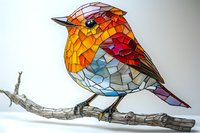 Colorful mosaic style robin bird perched on branch, geometric stained glass pattern in orange, red and blue tones against white background, artistic nature illustration.