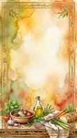 Watercolor cooking background with fresh ingredients, olive oil bottle, wooden bowl of tomatoes, herbs, garlic, whisk and utensils framed by ornate vintage border with autumn tones.
