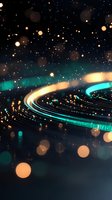 Abstract curved light trails with glowing turquoise and golden streaks against dark background, surrounded by bokeh effects and sparkles creating magical atmosphere.