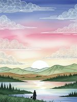 Serene mountain landscape with decorative clouds at sunset, featuring a silhouetted figure by a tranquil lake surrounded by rolling hills and evergreen forests.