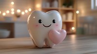 Cute smiling tooth character holding pink heart on wooden table with warm bokeh lights background, dental care concept for children's dentistry and oral health.