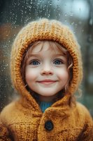 Young child wearing mustard yellow knit sweater and hat smiling on rainy autumn day, with water drops on window glass creating dreamy atmosphere.