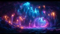Mystical underground cave with glowing neon stalactites and crystal formations illuminated in vibrant blue, purple and orange lights creating magical atmosphere.