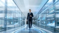 Professional businessman in dark suit standing confidently in futuristic digital corridor with holographic business data displays and analytics charts.