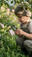 Young boy explorer examining pink flower with magnifying glass in garden wearing knit hat and overalls during nature discovery adventure.