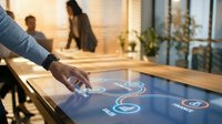 Professional using interactive touchscreen display with digital interface icons in modern office environment for business presentations and technology solutions.