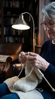 Senior woman with gray hair and glasses knitting cream-colored yarn under warm arc lamp in cozy home library setting with leather furniture and bookshelves.