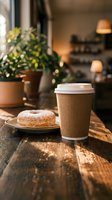 Takeaway coffee cup with white lid and sugared donut on wooden table in cozy cafe interior with potted plants and warm lighting, suitable for food and beverage marketing.