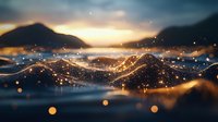 Glowing golden waves with magical sparkles and bokeh effects against mountain silhouettes at sunset create dreamy abstract landscape for backgrounds.