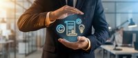 Business professional protecting intellectual property rights with hands around glowing copyright, patent and trademark symbols in modern office environment.