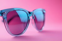 Trendy blue transparent sunglasses with gradient lenses on vibrant pink background for summer fashion and eyewear accessories marketing campaigns.