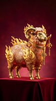 Golden ornate ram sculpture with flames and lanterns on red velvet pedestal against burgundy background for lunar new year celebrations.