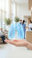 Hand holding holographic lungs in modern hospital lobby with medical professionals discussing respiratory health and pulmonary care services.
