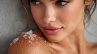 Close-up portrait of young woman with salt crystals on shoulder and face, showcasing natural beauty and skincare concept for wellness and spa treatments.