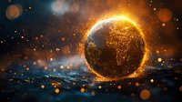 Glowing Earth globe with illuminated city lights floating over reflective surface amid cosmic particles and bokeh effects in dark space atmosphere.
