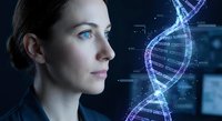 Young female scientist examining glowing DNA double helix hologram in modern laboratory. Genetic research, biotechnology and medical innovation concept.