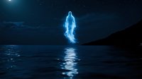 Glowing ethereal figure hovering above dark ocean waters at night, casting luminous reflection on rippling surface under moonlit sky and mountainous coastline.