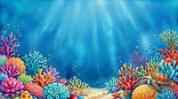 Underwater coral reef scene with colorful corals and marine plants, sunlight rays filtering through blue ocean water creating peaceful aquatic environment.