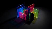 Colorful transparent glass cubes with neon glowing edges arranged in geometric composition on dark background for modern digital art and futuristic design projects.