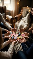 Group of diverse people holding colorful paper cutout figures together in cozy living room with warm string lights, symbolizing unity, teamwork, community support and togetherness for charitable causes.