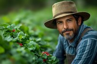 Hispanic male farmer with beard and straw hat smiling while tending to strawberry plants in organic garden. Natural green background shows sustainable agriculture.