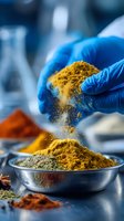 Hand in blue glove pouring yellow turmeric powder into metal bowl with various colorful spices in laboratory setting, capturing dynamic motion of falling spice particles.