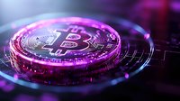 Glowing cryptocurrency coin with purple and blue neon lighting effects on dark background showcases digital currency technology and financial innovation.