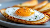 Sunny side up egg on crispy golden potato slice garnished with herbs and black pepper, served on white plate, macro food photography.