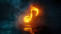 Glowing musical note symbol floating over reflective surface with dramatic orange light and misty dark atmosphere. Mystical music concept with smoke effects.